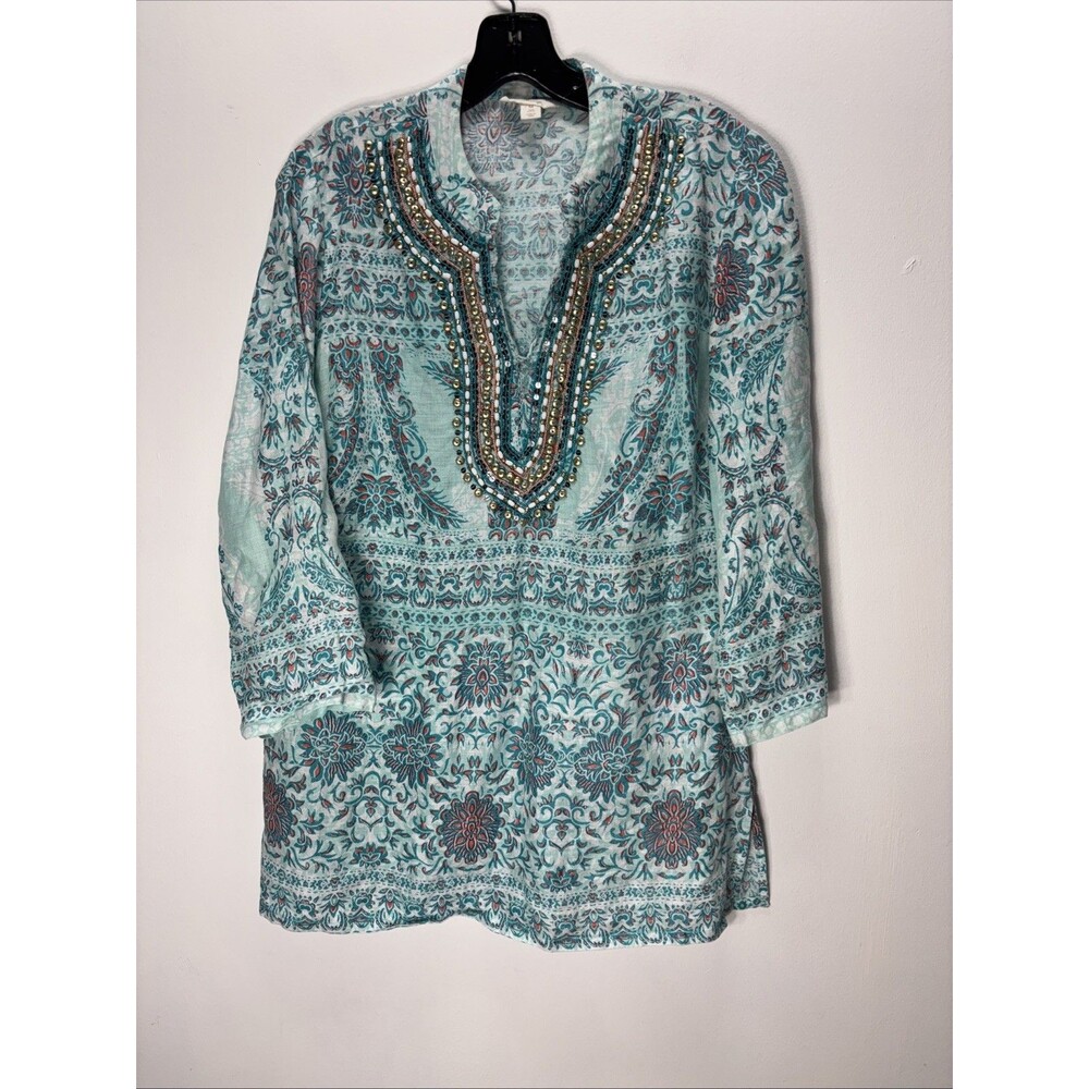 Charter Club Luxury  100% Linen Beaded V-Neck Gypsy Tunic Top Floral Boho Sz M